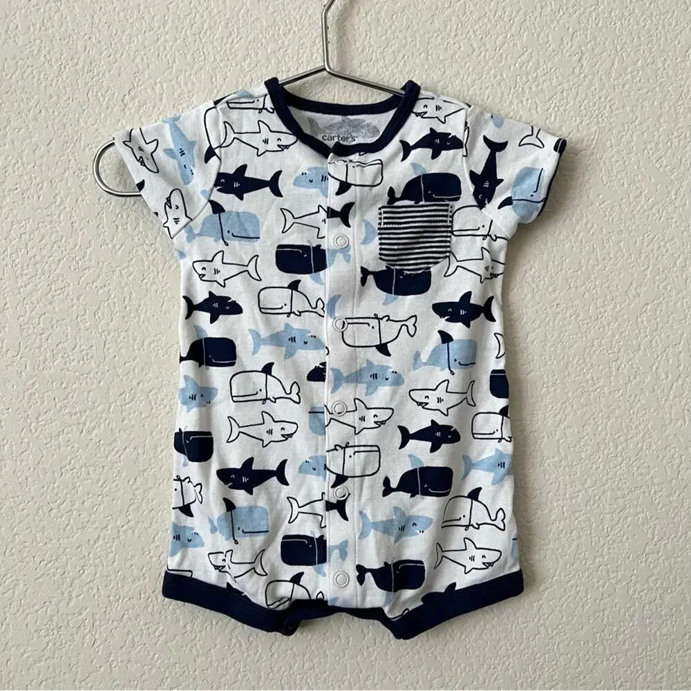 Carter’s white blue whale nautical print short sleeve shorts onesie